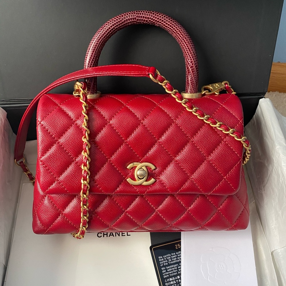 Chanel Caviar Red Mini Coco Handle Bag Lizard - Picture 10 of 12